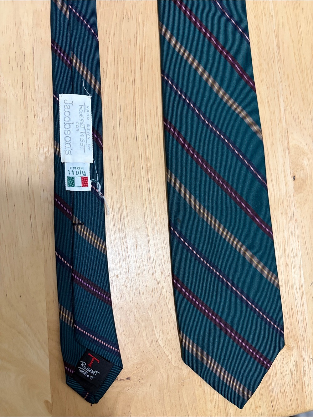 VTG Robert Talbott Teal Green Silk Tie Gold Burgundy Stripes FLAWS